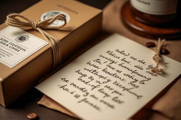 Una confezione regalo con caffè artigianale e un biglietto scritto a mano.